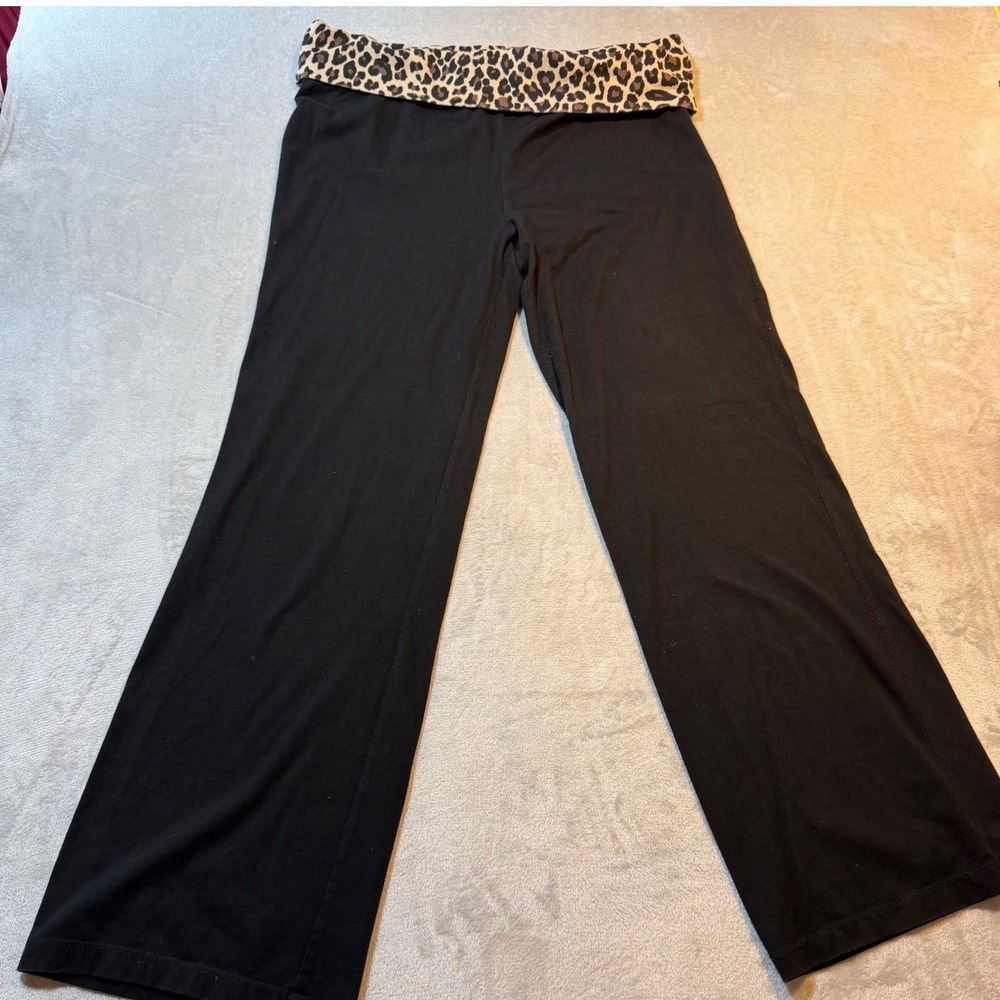 Leopard Print Foldover Waist Yoga Pants Black Flare Leg Y2K Lounge XL 15-17